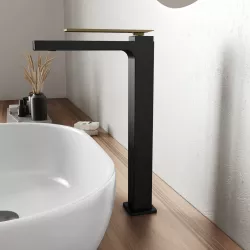 Miscelatore lavabo alto nero opaco con leva oro satinato - Reef