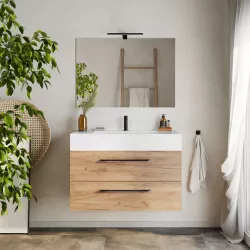 Mobile bagno sospeso 100 cm rovere africa con top lavabo bianco e specchio - Maylin