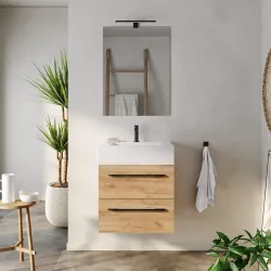 Mobile bagno sospeso 60 cm rovere africa con top lavabo bianco opaco e specchio - Maylin