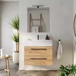 Mobile bagno sospeso 80 cm rovere africa con top lavabo bianco lucido e specchio - Maylin