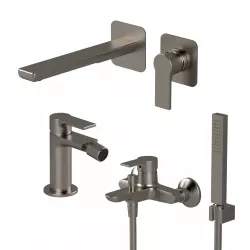 Set miscelatore incasso lavabo con bidet ed esterno vasca con doccino nikel spazzolato - Coral