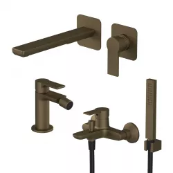 Set miscelatore incasso lavabo con bidet ed esterno vasca con doccino ottone satinato - Coral