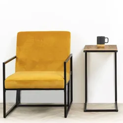 Tavolino 45x35 cm in metallo nero e top in legno effetto rovere
