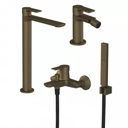 Set miscelatore lavabo alto con bidet ed esterno vasca con doccino ottone satinato - Coral