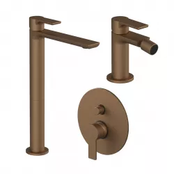 Set miscelatore lavabo alto con bidet e incasso doccia a 2 vie rame satinato - Coral