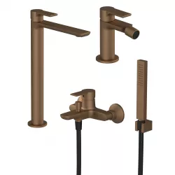 Set miscelatore lavabo alto con bidet ed esterno vasca con doccino rame satinato - Coral