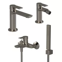 Set miscelatore lavabo con bidet senza scarico ed esterno vasca con doccino nikel spazzolato - Coral