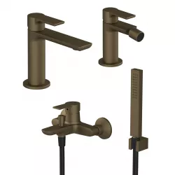 Set miscelatore lavabo con bidet senza scarico ed esterno vasca con doccino ottone satinato - Coral