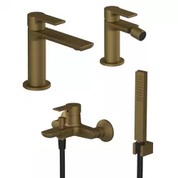 Set miscelatore lavabo con bidet senza scarico ed esterno vasca con doccino oro satinato - Coral