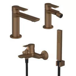 Set miscelatore lavabo con bidet senza scarico ed esterno vasca con doccino rame satinato - Coral