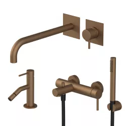 Set miscelatore lavabo a incasso canna 25 cm con bidet ed esterno vasca rame satinato - Sand