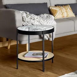 Tavolino rotondo 50 cm con 2 ripiani e top in vetro ed orologio - Clok