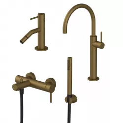 Set miscelatore lavabo alto con bidet ed esterno vasca con doccino oro satinato - Sand