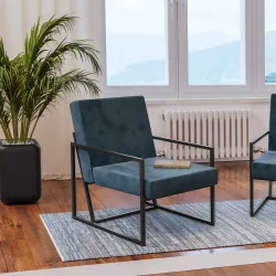Poltrona in velluto blu petrolio e metallo nero - Roel