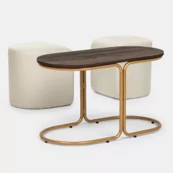 Tavolino 78x45h cm top effetto legno con due pouf estraibili in tessuto  crema - Bonnie