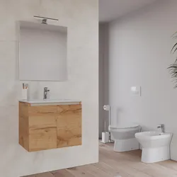 Bagno completo con mobile bagno sospeso 60 cm rovere gold 2 ante con specchio sanitari e miscelatori - Davis