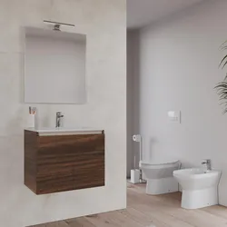 Bagno completo con mobile bagno sospeso 70 cm rovere deciso 2 ante con specchio sanitari e miscelatori - Davis