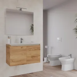Bagno completo con mobile bagno sospeso 80 cm rovere gold 2 ante con specchio sanitari e miscelatori - Davis