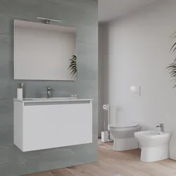 Bagno completo con mobile sospeso 80 cm bianco opaco 2 ante con specchio sanitari e miscelatori - Davis