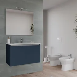 Bagno completo con mobile sospeso 80 cm blu esotico 2 ante con specchio sanitari e miscelatori - Davis