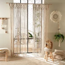 Tenda a fili 90x200h cm in cotone beige con lavorazione macramè e bastone in legno