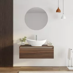 Mobile bagno sospeso portalavabo 100 cm in legno rovere deciso con lavabo e specchio - Plain