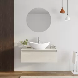 Mobile bagno sospeso portalavabo 100 cm in legno rovere bianco con lavabo e specchio - Plain