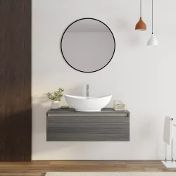 Mobile bagno sospeso portalavabo 100 cm in legno rovere grigio con lavabo e specchio - Plain