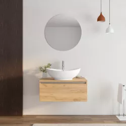 Mobile bagno sospeso portalavabo 80 cm in legno rovere gold con lavabo e specchio - Plain