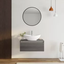 Mobile bagno sospeso portalavabo 80 cm in legno rovere grigio con lavabo e specchio - Plain