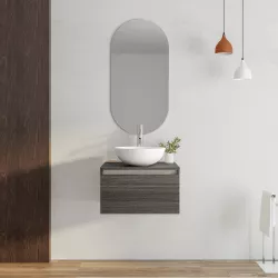 Mobile bagno sospeso portalavabo 60 cm in legno rovere grigio con lavabo e specchio - Plain