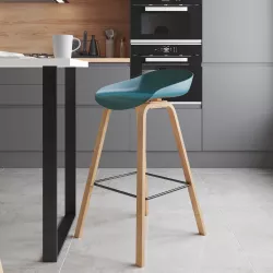 Sgabello blu petrolio con gambe in metallo effetto legno - Alborg