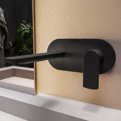 Miscelatore lavabo a muro canna 20 cm con piastra nero opaco – Fluid