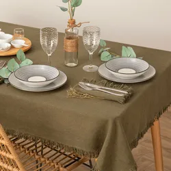 Tovaglia 250x150 cm in cotone verde scuro con frange - Saphir