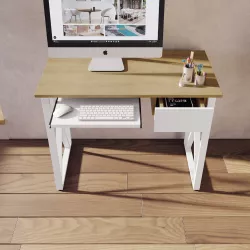 Scrivania 100x55 cm con top in legno frassino e struttura in metallo bianco  con cassetto e