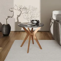 Tavolino rotondo 60x55h cm con piano effetto marmo antracite e gambe rovere naturale - Aron