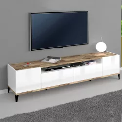 Credenza Paolo, Madia da cucina 3 ante e 3 cassetti, Buffet da soggiorno,  100% Made in Italy, cm 160x40h82, Bianco lucido e Acero, con imballo  rinforzato