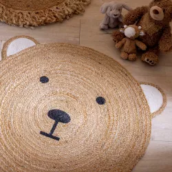 Tappeto per bambini rotondo 90 cm con stampa orso in juta e cotone - Kids