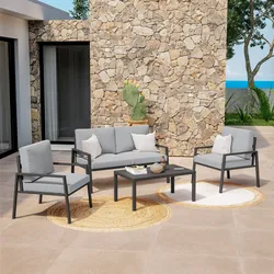 Set relax divano 2 poltrone e tavolino in alluminio antracite con cuscini grigi - Carridi