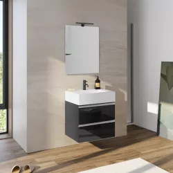 DEGHI MOBILI Mobiletto Bagno Sospeso 60 Cm Bianco Lucido Con Maniglie  Tortora + Specchio