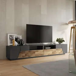 Mobile porta tv 260 cm con 4 ante e 2 cassetti in legno grigio report e acero - Diako