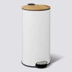 Cestino portarifiuti 30 litri in metallo bianco con pedale e coperchio in bambù - Scottie