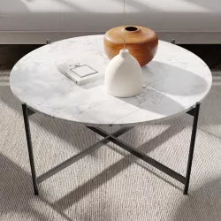 Tavolino rotondo 93 cm piano effetto marmo e gambe in metallo nero - Funky