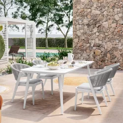 Set pranzo tavolo in alluminio bianco con piano 200x90 cm e 4 poltrone con cuscini - Palawan