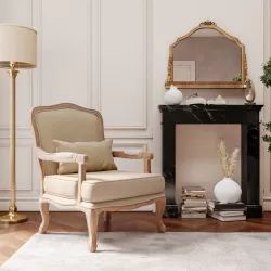 Poltrona in tessuto canvas beige con schienale alto e braccioli - Emilia