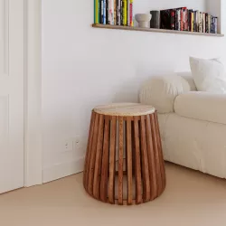 Tavolino rotondo 50 cm in legno di acacia naturale con piano in travertino - Karan