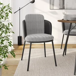 Sedia in tessuto grigio con braccioli in similpelle nera e gambe in metallo - Febe