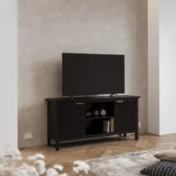 Consolle tv 106 cm in legno di pino nero cannettato con maniglie oro - Posh