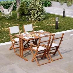 Set pranzo tavolo 125x80 cm e quattro poltrone pieghevoli in textilene bianco e legno di acacia - Aruba