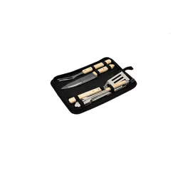 Set 4 utensili per barbecue in acciaio e legno con custodia in tela nera